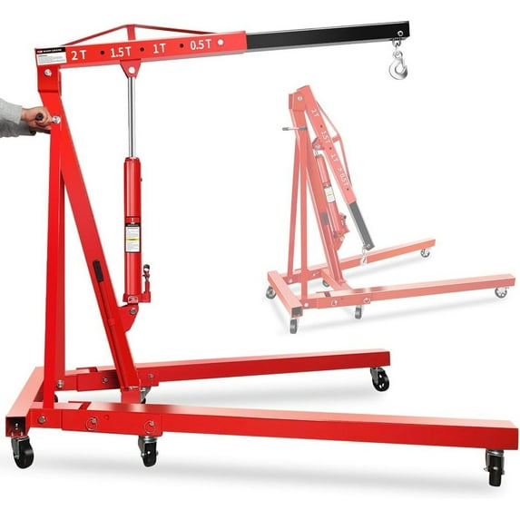 JoanKaren Hydraulic Engine Hoist,2 Ton Max,Heavy Duty Cherry Picker with 6 Steel Caster,Red