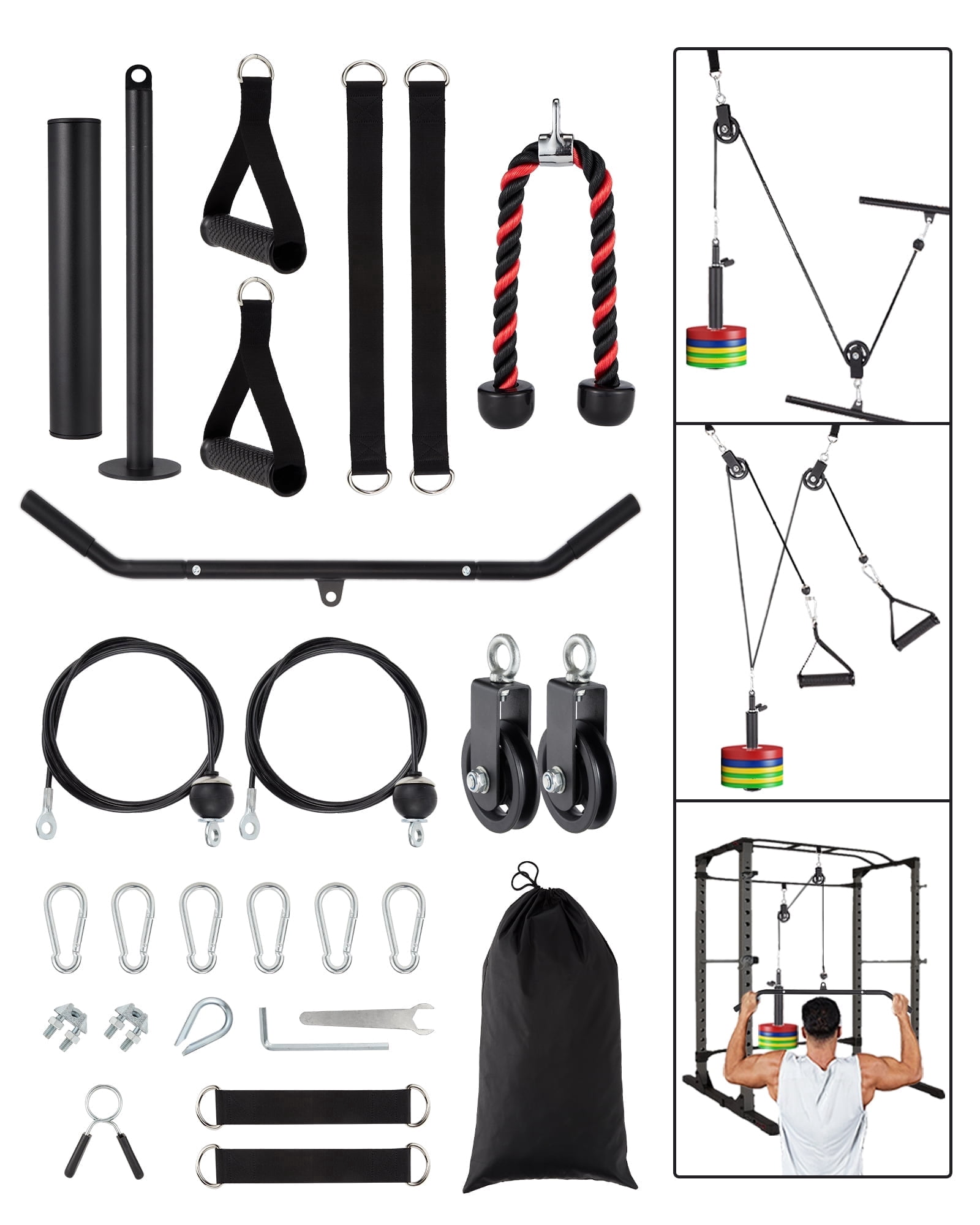 JoanKaren LAT and Lift Pulley System Gym,Upgraded DIY Fitness Weight Cable Pulley Machine Attachments Set with 2 in 1 LAT Pulldown Bar, Tricep Rope, Biceps Curl, Chest Fly Handles