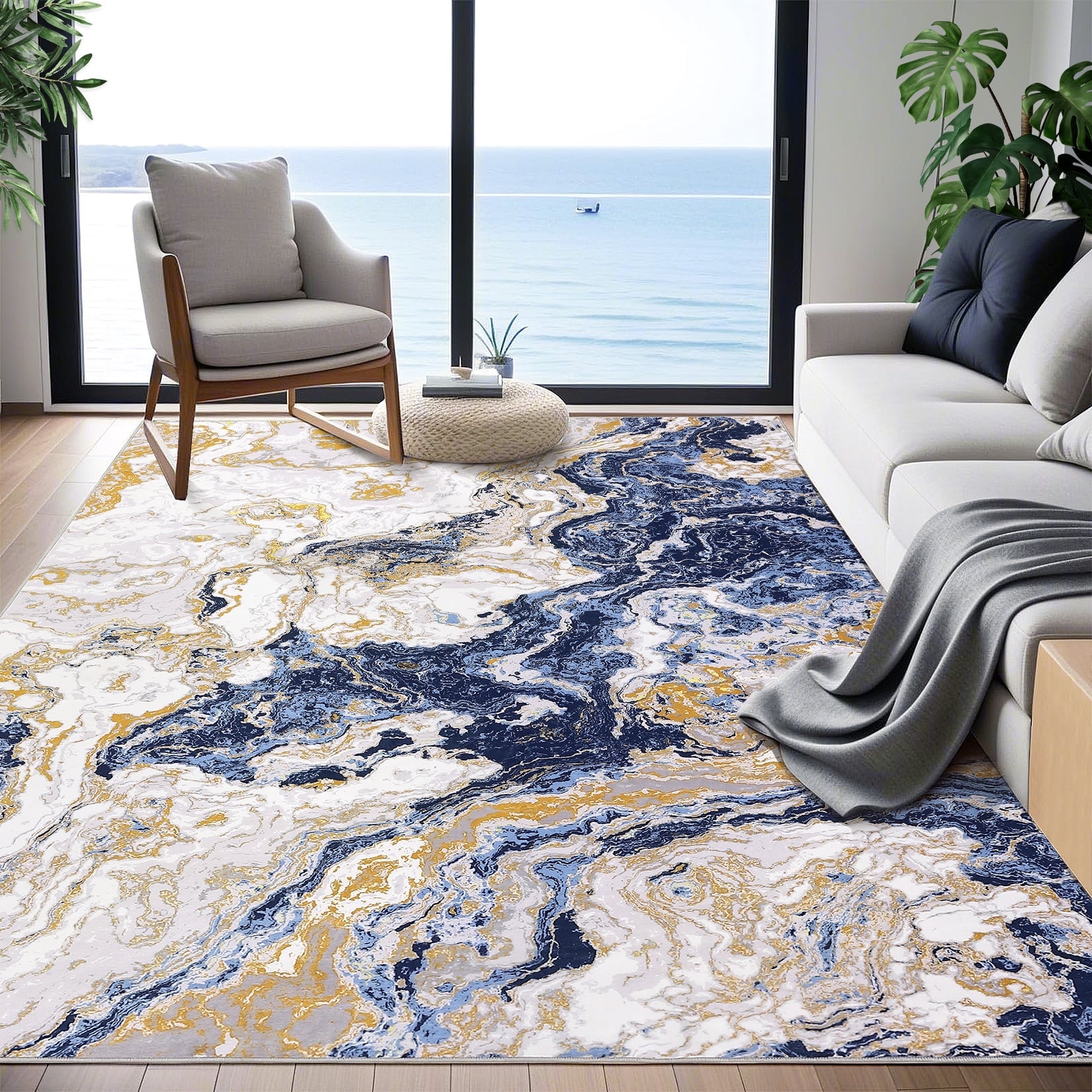 JoanKaren Modern Marble 4'x6' Area Rug,Washable Boho Abstract Marble Pattern,Ideal for High Traffic Areas in Living Room,Kitchen,Dining,Blue