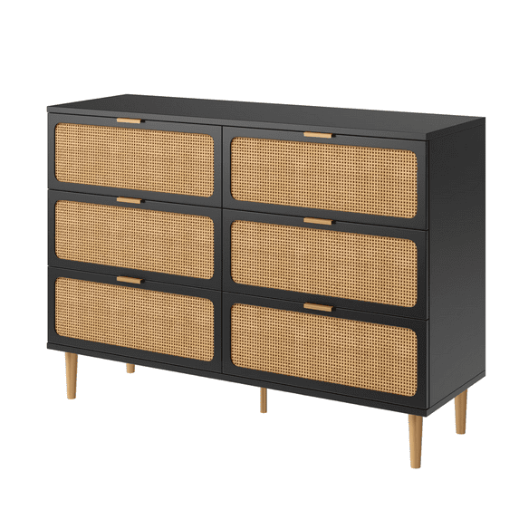 JoanKaren Natural Rattan 6 Drawer Dresser with Deep Drawers,Large Wooden Dresser Chest of Large Storage Cabinet for Bedroom Living Room,Black