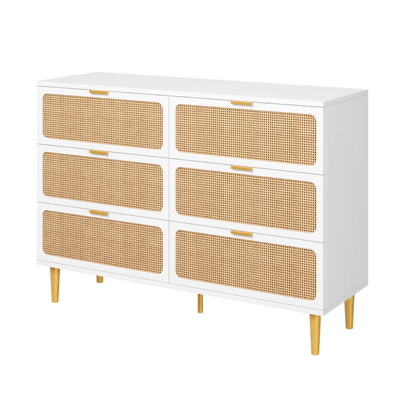 JoanKaren Natural Rattan 6 Drawer Dresser with Deep Drawers,Large Wooden Dresser Chest of Large Storage Cabinet for Bedroom Living Room,White
