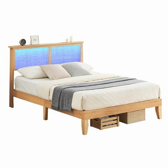 JoanKaren Natural Rattan Queen Bed Frame with LED Lights & 6000+ colors,Solid Wooden Platform Bed,Noise-Free