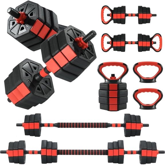 JoanKaren Octagonal Adjustable Dumbbell Set,66lbs 4-in-1 Free Weights Dumbbells Set Used as Barbell with Anti-Slip Handle,Black and Red
