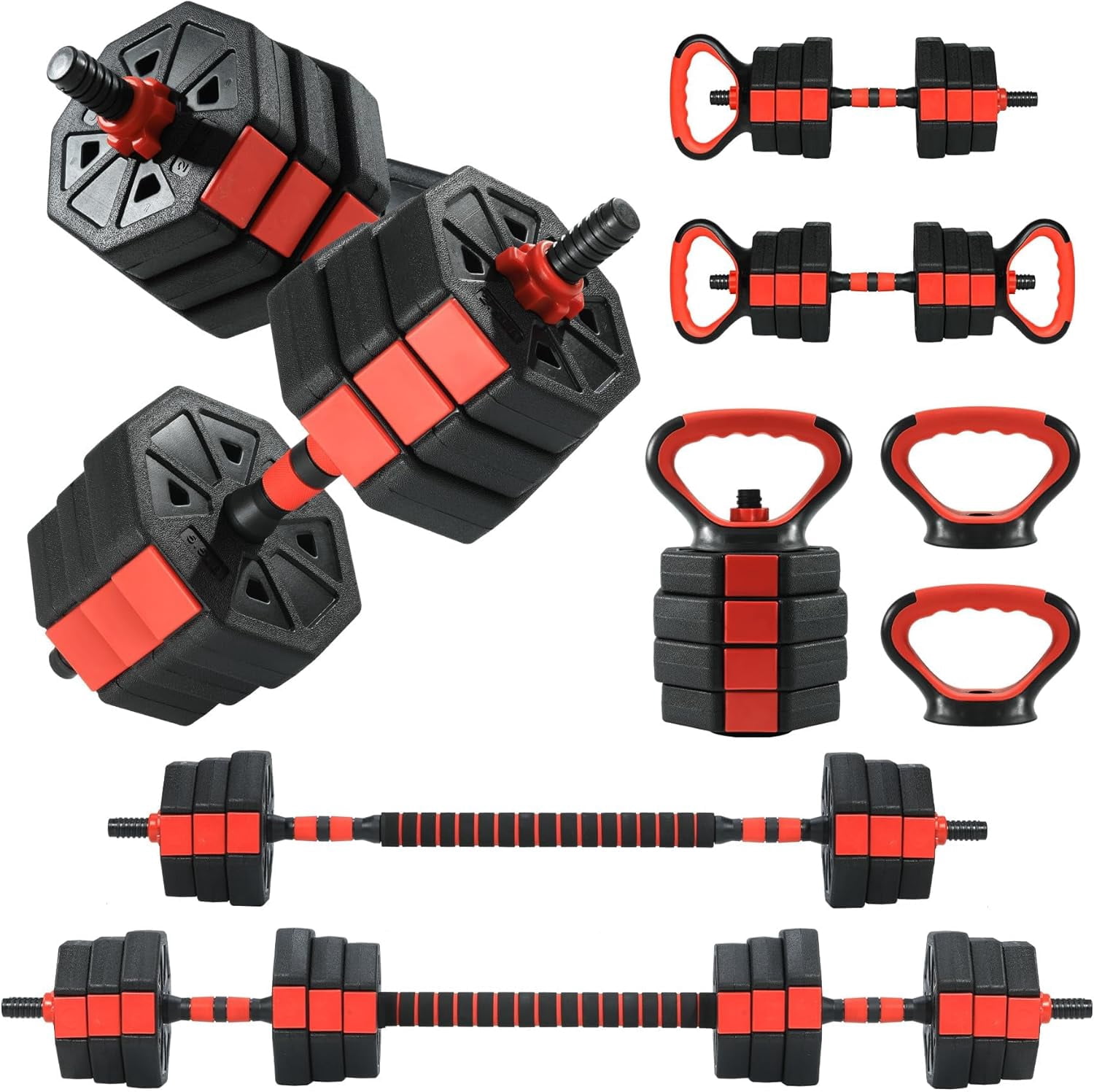 JoanKaren Octagonal Adjustable Dumbbell Set,88lbs 4-in-1 Free Weights Dumbbells Set Used as Barbell with Anti-Slip Handle,Black and Red