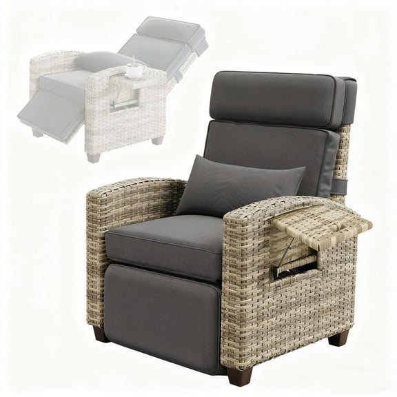 JoanKaren Outdoor Recliner Chair,Patio Recliner with Hand-Woven Wicker,Flip Table Push Back,Adjustable Backrest and Footrest,150°Lay Flat,Removable Cushion