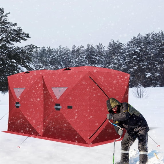 JoanKaren Pop Up Ice Fishing Tent,4-6 Person Insulated Mobile Ice Enclosure Shelter,Portable Hub-Style&Windproof and Warm,11.7 ft x 5.9 ft x 6.6 ft,Red