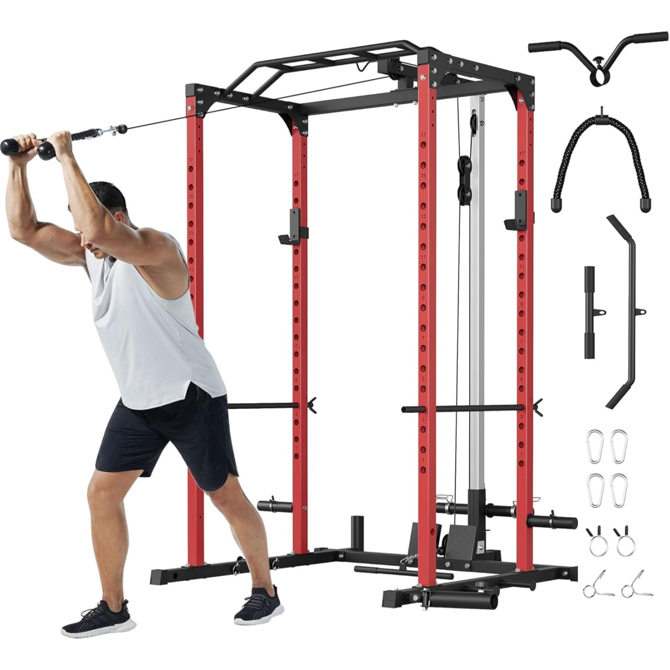 JoanKaren Power Cage with Lat Pull Down & Low Row System,Multi-Functional Squat Rack with J-Hooks,360°Landmine Attachment,Black