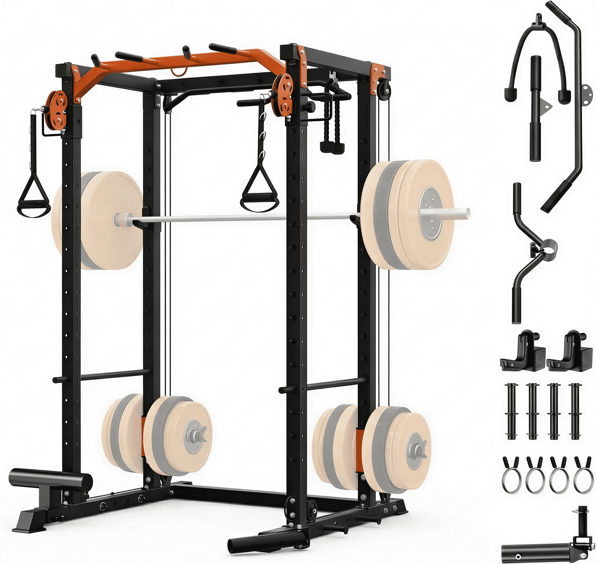 JoanKaren Power Rack Cage,2000lbs Capacity Weight Rack with Adjustable Cable Crossover Machine,Multi-Function Squat Rack with J Hooks,Dip Bars and Landmine,Balck&Orange