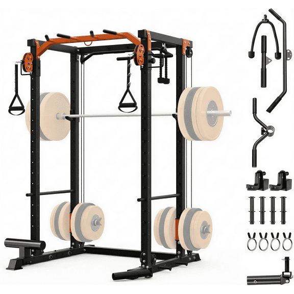 JoanKaren Power Rack Cage,2000lbs Capacity Weight Rack with Adjustable Cable Crossover Machine,Multi-Function Squat Rack with J Hooks,Dip Bars and Landmine,Balck&Orange