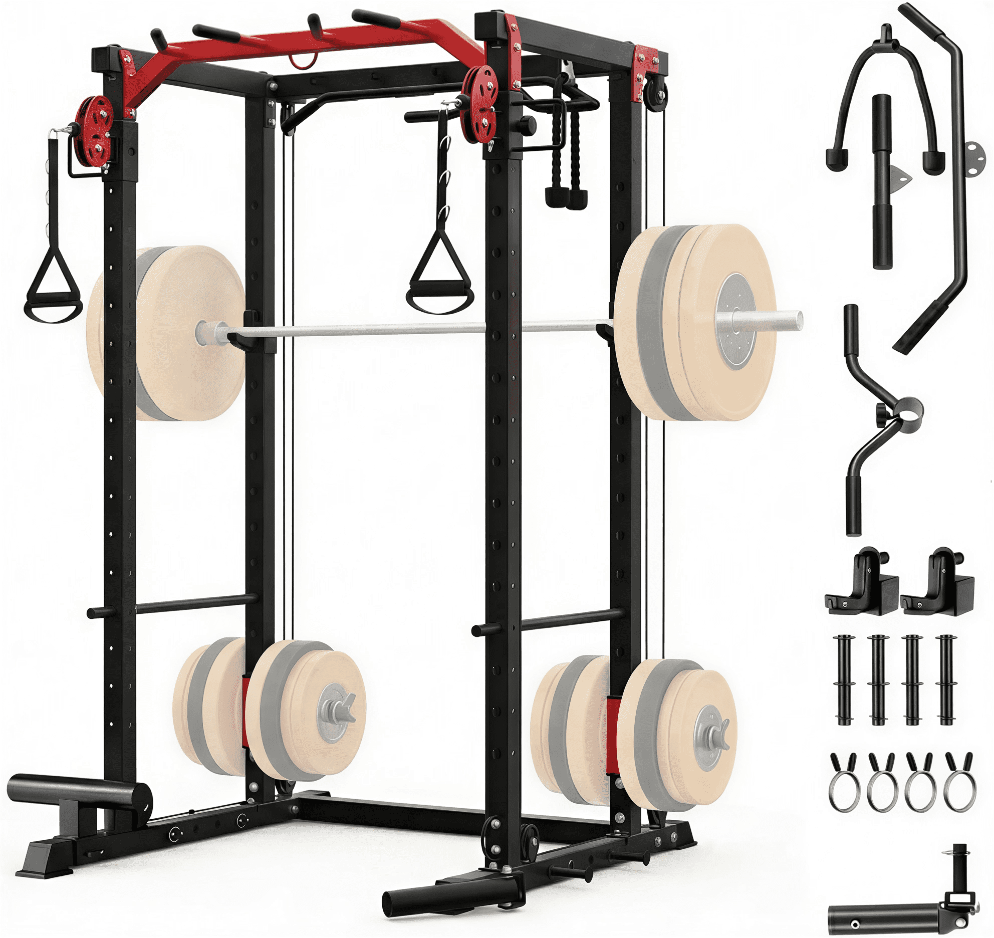 JoanKaren Power Rack Cage,2000lbs Capacity Weight Rack with Adjustable Cable Crossover Machine,Multi-Function Squat Rack with J Hooks,Dip Bars and Landmine,Balck&Red