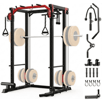 JoanKaren Power Rack Cage,2000lbs Capacity Weight Rack with Adjustable Cable Crossover Machine,Multi-Function Squat Rack with J Hooks,Dip Bars and Landmine,Balck&Red