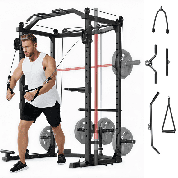 JoanKaren Power Rack Cage,2000lbs Heavy Duty Steel Squat Rack with LAT-Pull Down System,Pulley System & Dip Station,Black