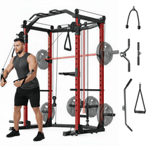 JoanKaren Power Rack Cage,2000lbs Heavy Duty Steel Squat Rack with LAT-Pull Down System,Pulley System & Dip Station,Red&Black