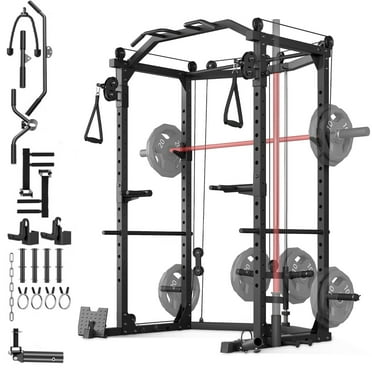 JoanKaren Power Rack Cage, Multi-Functional Power Racks for Home Gym with Cable System, 1600LBS Weight Capacity Fitness Reality Squat Rack for Strength Workout with More Training Attachment,Black
