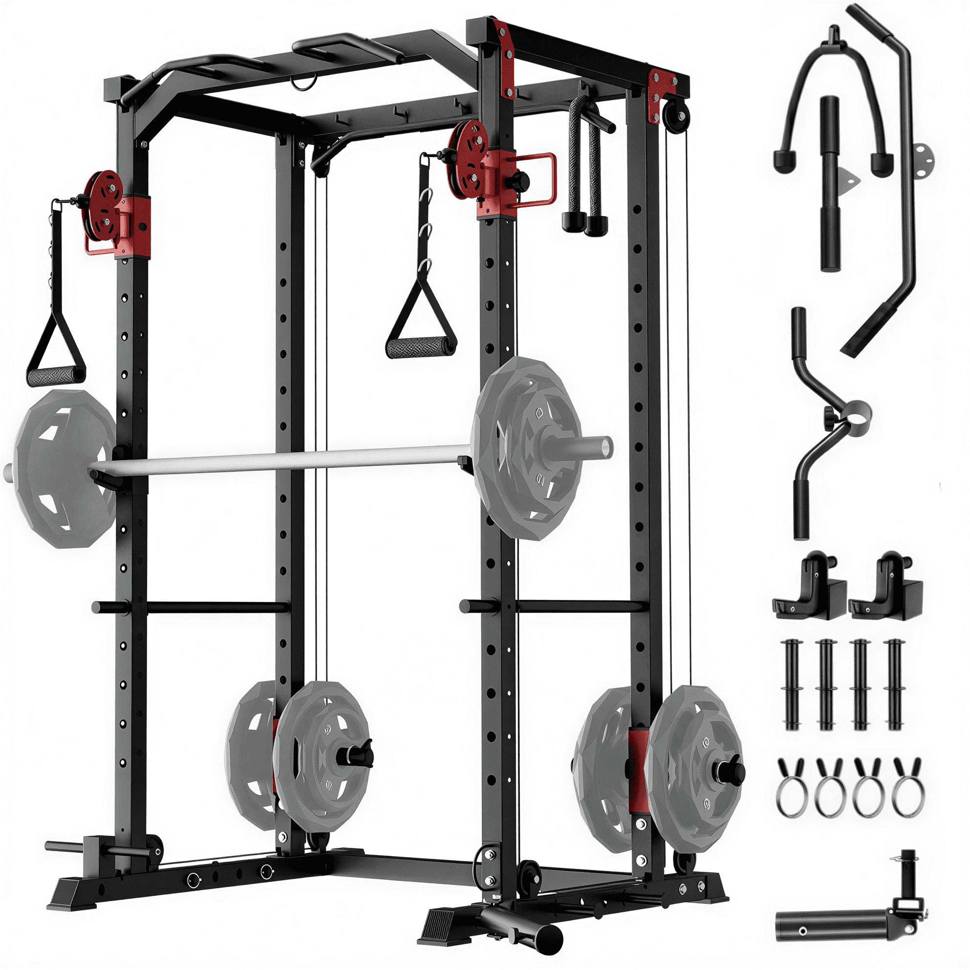 JoanKaren Power Rack with Dual Pulley System,2000LBS Capacity Home Gym Squat Cage for Strength Training,Includes Multiple Attachments