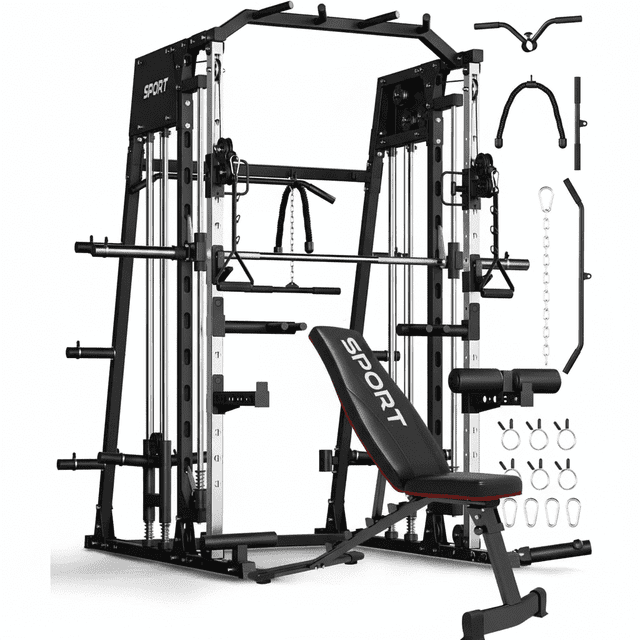 JoanKaren Pro Smith Machine with Bench,2200lbs Squat Rack with Weight Bar,LAT Pull-Down,Cable Systems,Leg Hold-Down and More Attachments,Black