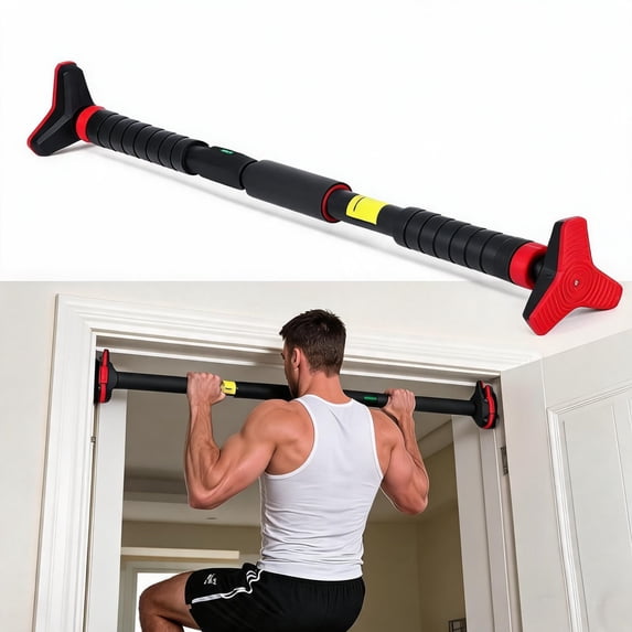 JoanKaren Pull up Bar for Doorway,Chin up Bar with Level Meter,Adjustable Width,No Screws Required,Red&Black