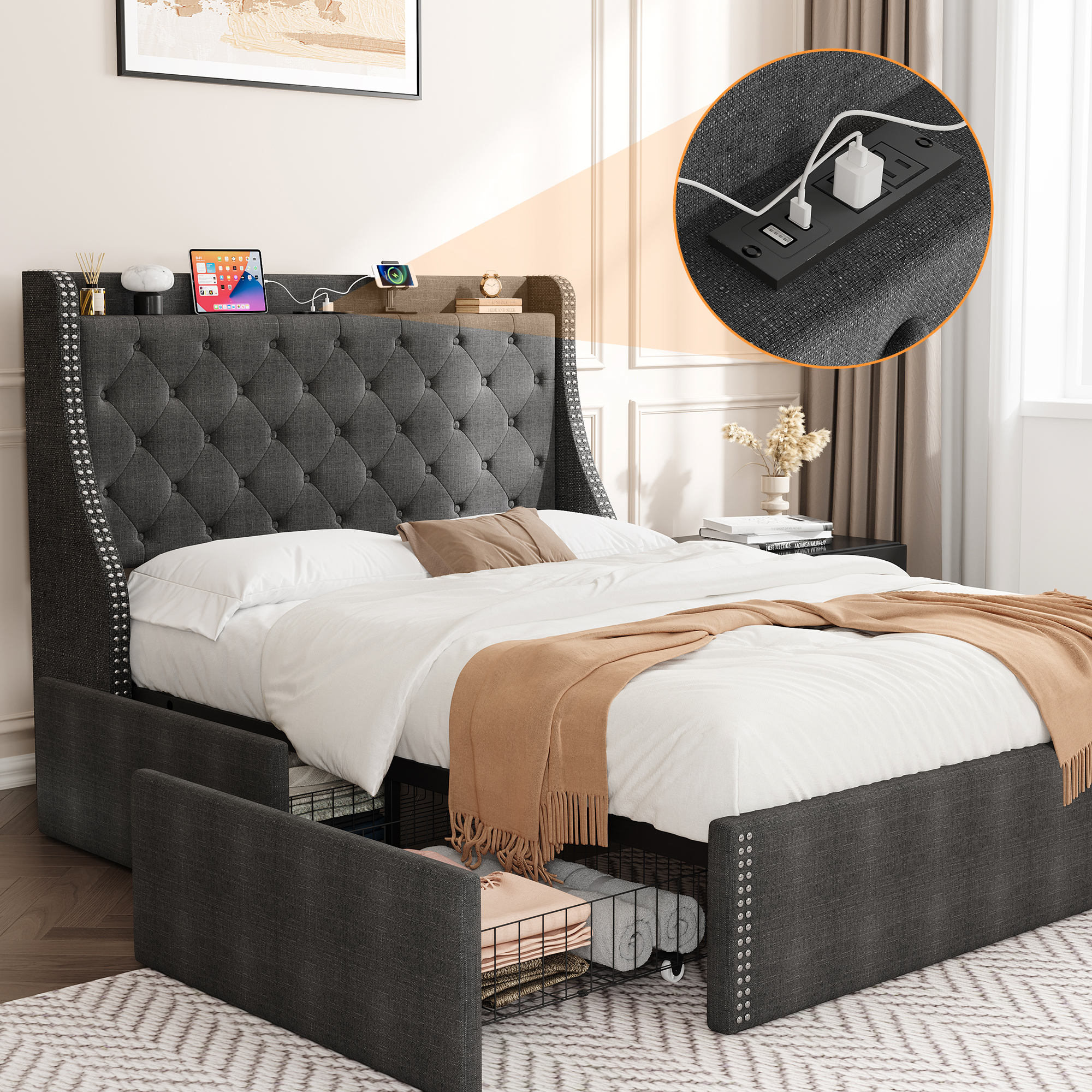 JoanKaren Queen Bed Frame,Luxury Upholstered Platform Beds with Charging Station,4 Storage Drawers&Adjustable Headboard,Easy Assembly,Gray
