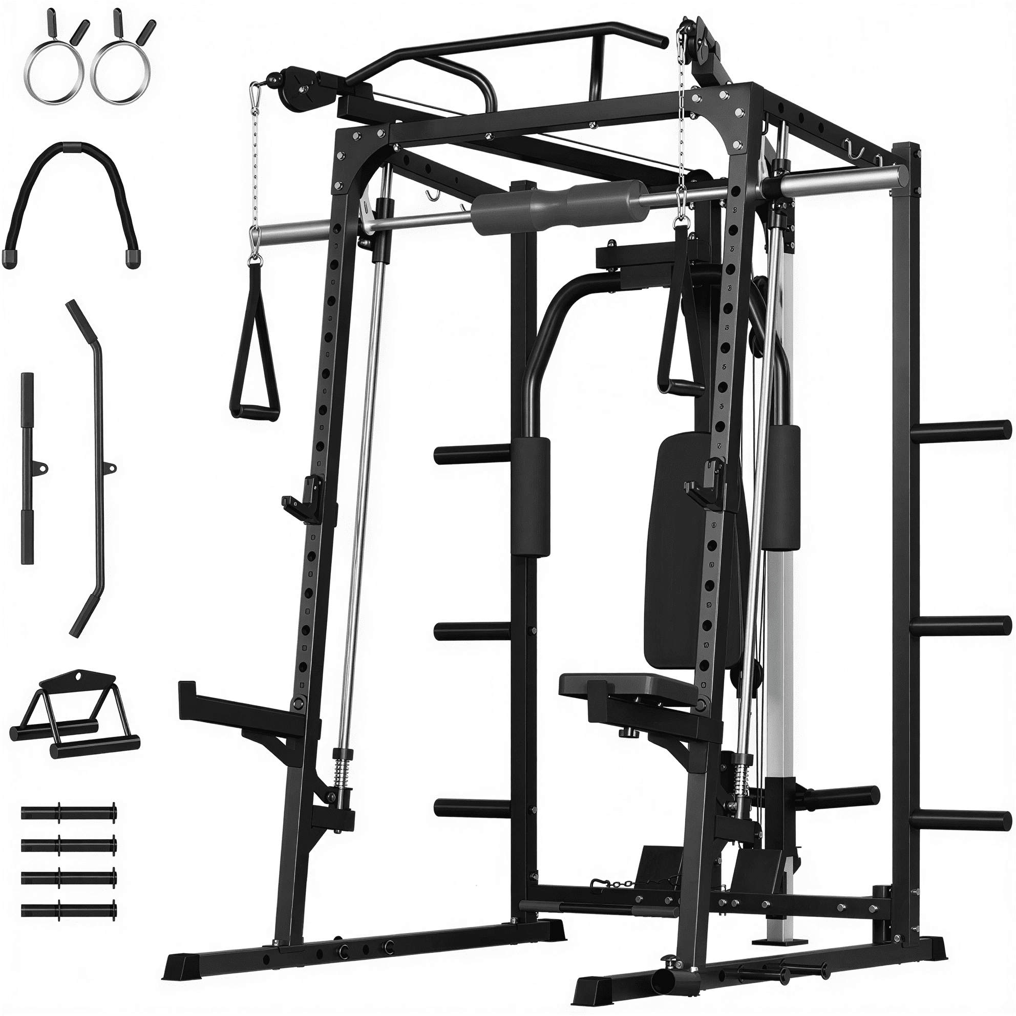 JoanKaren Smith Machine,2000LB Power Squat Rack with Cable Crossover System,Home Gym Workout Strength Training Equipment with 8 Weight Storage Pin,T-Bar,Lat Pulldown System and More