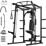 JoanKaren Smith Machine,2000LB Power Squat Rack with Cable Crossover System,Home Gym Workout Strength Training Equipment with 8 Weight Storage Pin,T-Bar,Lat Pulldown System and More