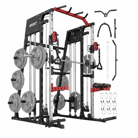 JoanKaren Pro Smith Machine Home Gym,2200 lbs Squat Rack Power Cage Workout Equipmen with Cable Crossover for Full Body Strength Training,Black&Red