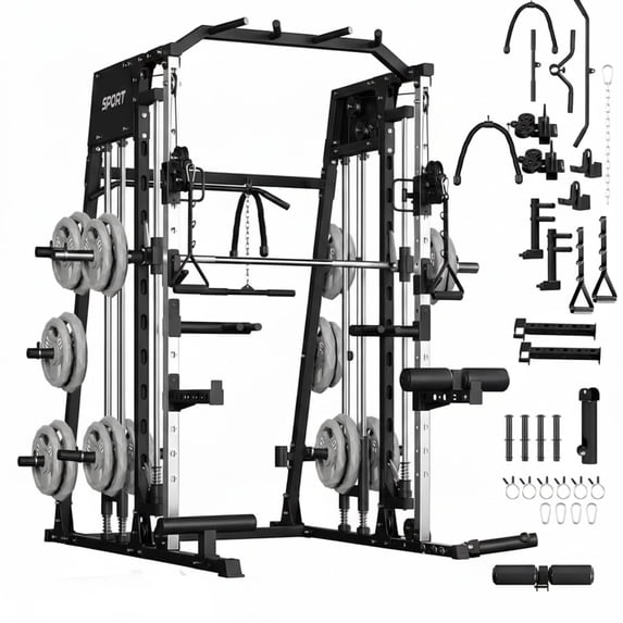 JoanKaren Pro Smith Machine Home Gym,2200 lbs Squat Rack Power Cage Workout Equipmen with Cable Crossover for Full Body Strength Training,Black