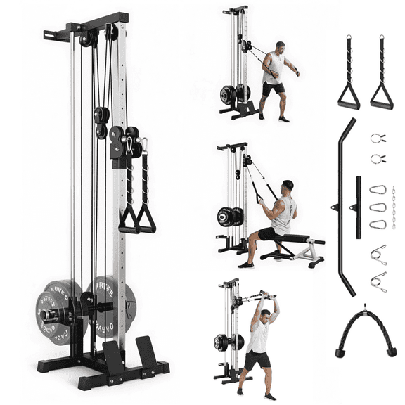 JoanKaren Wall Mount Cable Station,Dual Pulley Crossover System with 19 Height Adjustments,Tricep Rope,T-Bar,Lat Pulldown Bar,Compact Home Gym Strength Trainer
