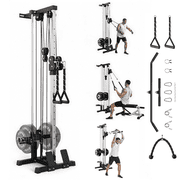 JoanKaren Wall Mount Cable Station,Dual Pulley Crossover System with 19 Height Adjustments,Tricep Rope,T-Bar,Lat Pulldown Bar,Compact Home Gym Strength Trainer