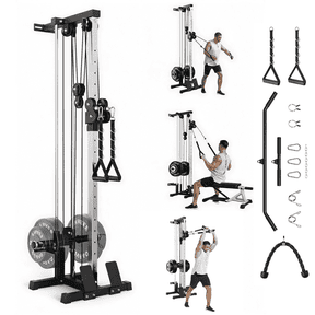 JoanKaren Wall Mount Cable Station,Dual Pulley Crossover System with 19 Height Adjustments,Tricep Rope,T-Bar,Lat Pulldown Bar,Compact Home Gym Strength Trainer