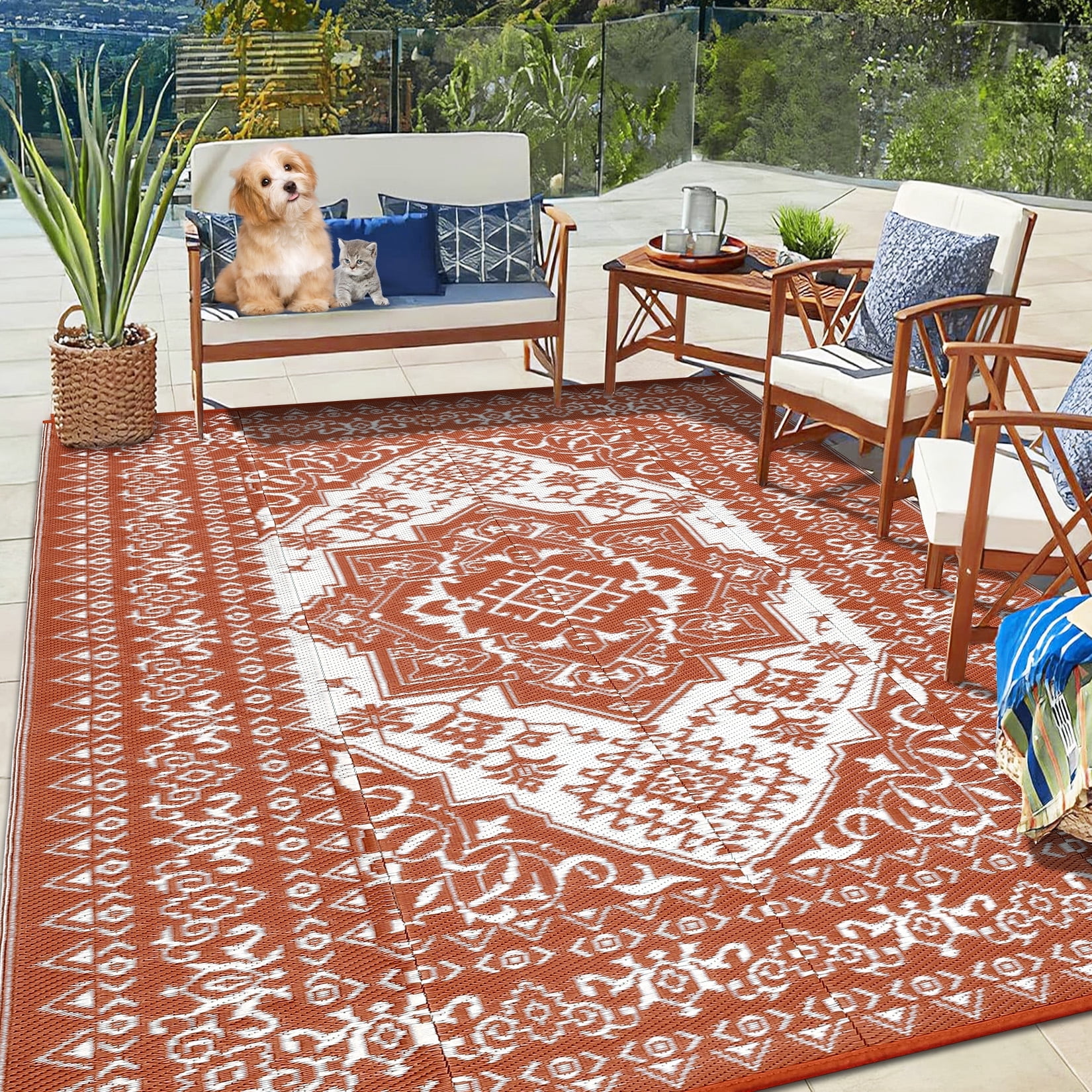 JoanKaren Waterproof Outdoor Rug,9'x18' Reversible Patio Mat,Outside Plastic Grass Mat Straw Rug Backyard Floor Mat for Picnic RV Camping Porch Balcony,Brick Red & White