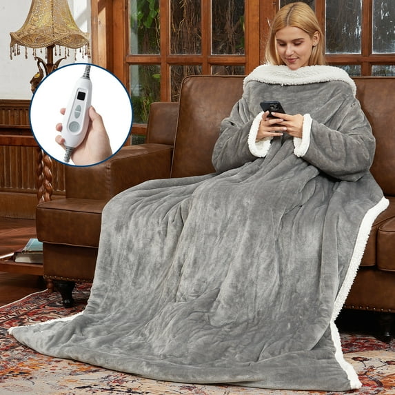 JoanKaren Wearable Heated Blanket with Foot Pockets&Sleeves,Electric Snuggle Throw Blankets,6 Heating Levels & 2-10H Time Settings,Light Gray