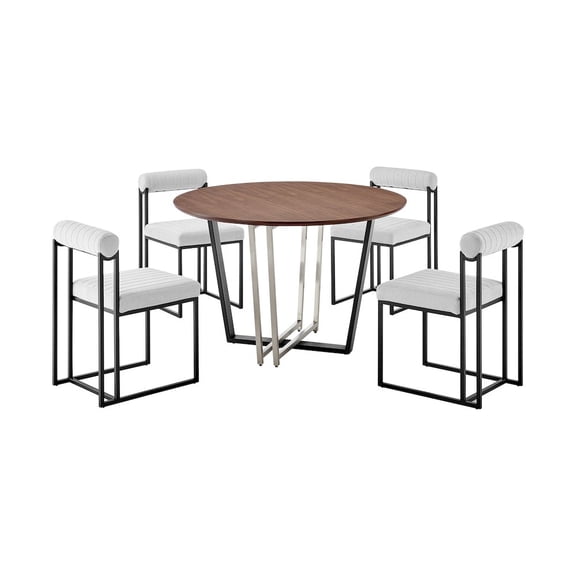 Armen Living Joana Anastasia 5 Piece Round Walnut Dining Table Set with Matte Black Iron