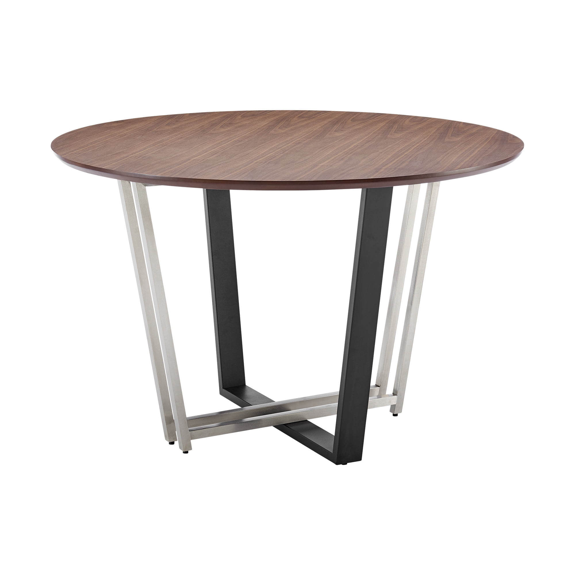 Joana 48" Round Dining Table in Brushed Stainless Steel and Black Iron Base with Walnut Tabletop