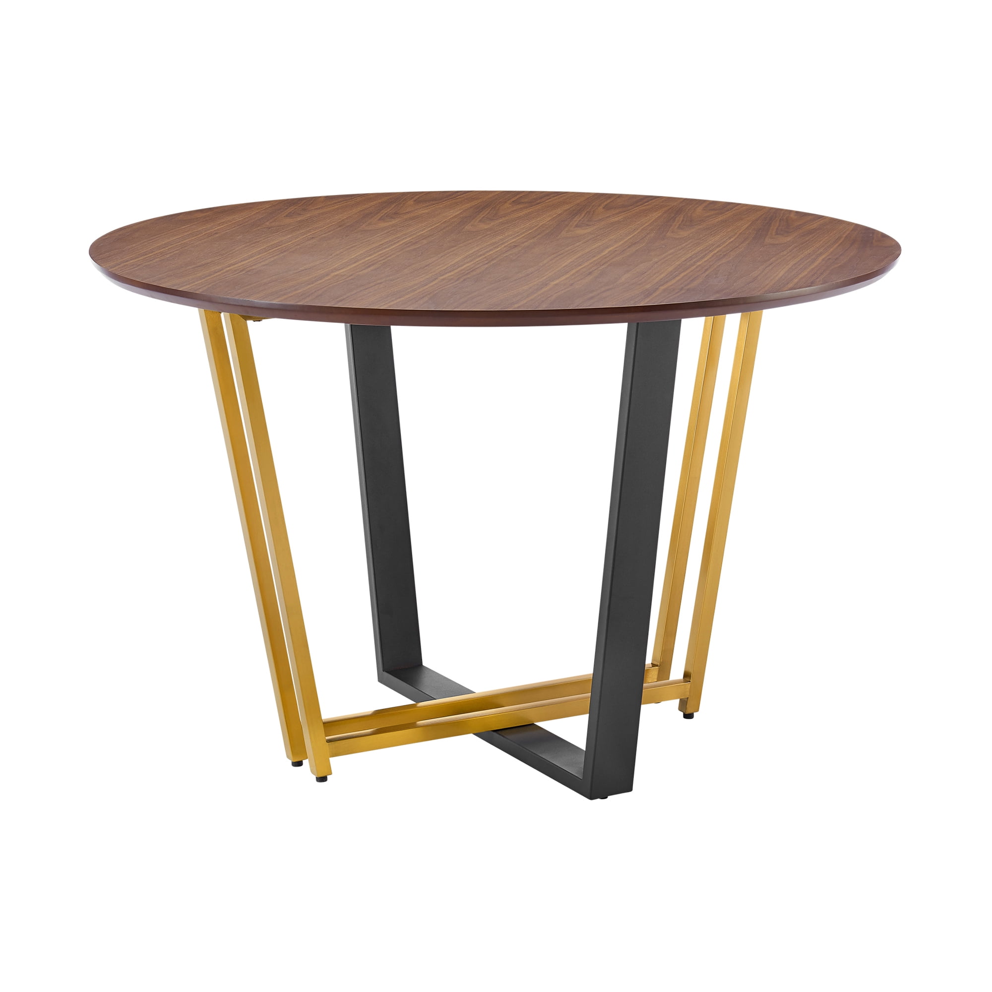 Joana 48" Round Dining Table in Gold Stainless Steel and Black Iron Base with Walnut Tabletop