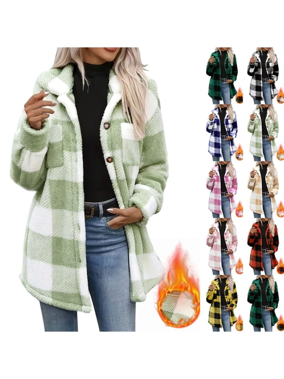 Womens Fleece Jacket Plaid Shacket Button Down Shirt Jacket Long Sleeve Collared Coat Warm Thermal Fall Winter Casual Outerwear,Green,M