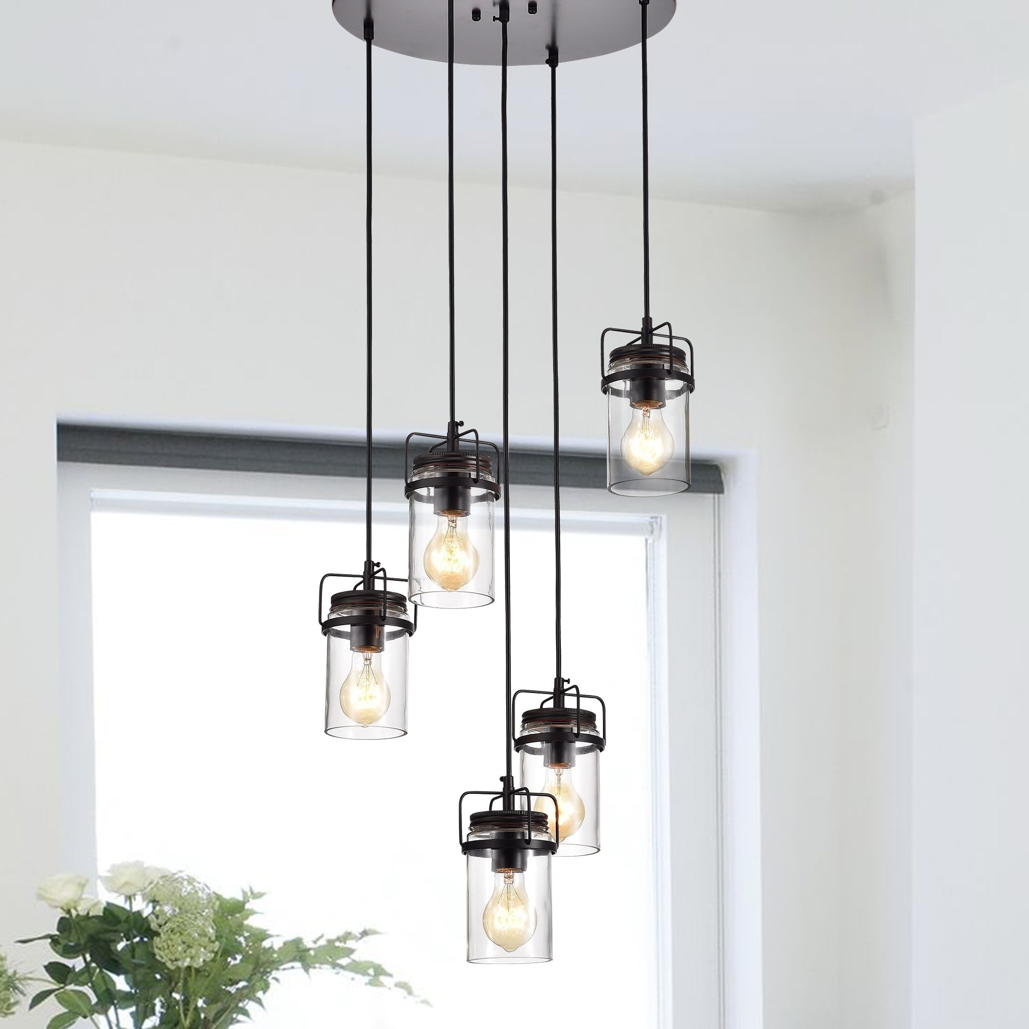 Matte Black and Bronze 5-Light Pendant with Clear Glass Shades