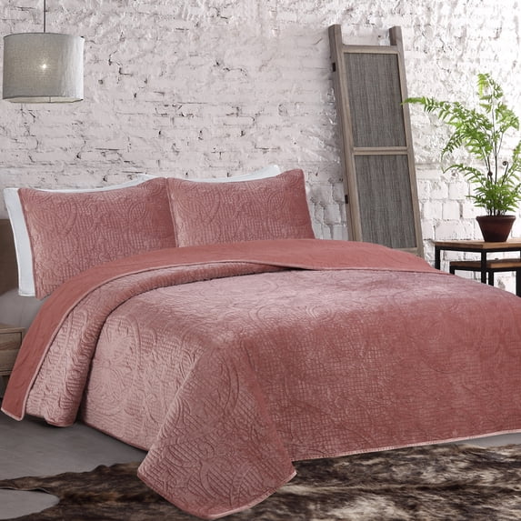 American Home Fashion Estate Collection Joanna Velvet Quilt Set Rosewood Full - Queen Glam, Hygge & Scandinavian, Traditional
