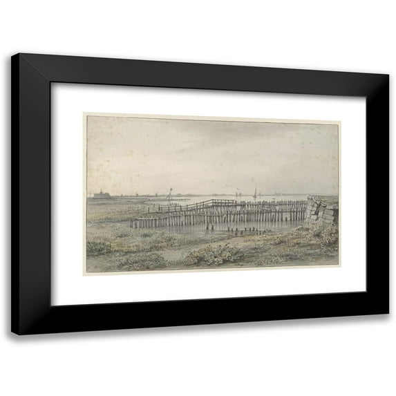 Joannes Dijkhoff jr. 24x17 Black Modern Framed Museum Art Print Titled - River Landscape with Palissaden (1805 - 1862)