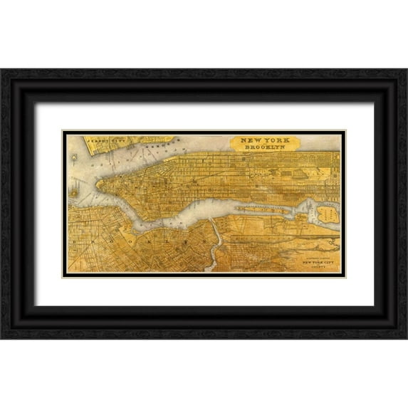 Joannoo 14x9 Black Ornate Wood Framed with Double Matting Museum Art Print Titled - Gilded Map of NYC
