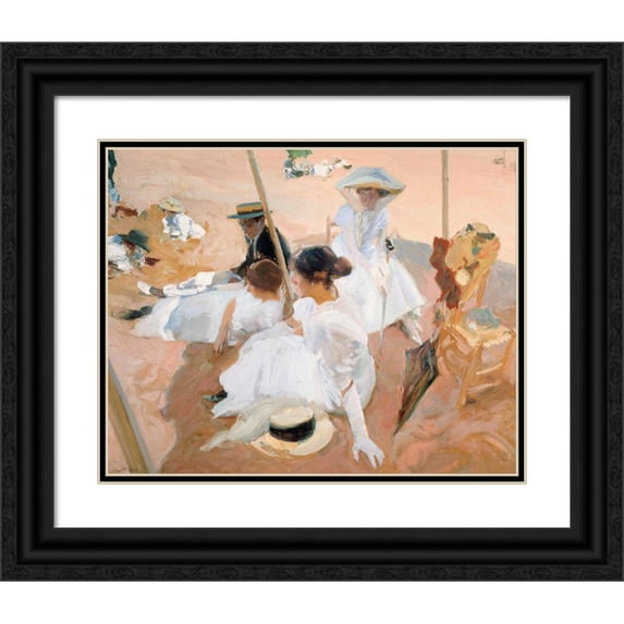 Joaquín Sorolla 18x15 Black Ornate Wood Framed Double Matted Museum Art Print Titled - Under the Awning, on the Beach at Zarauz (1905)