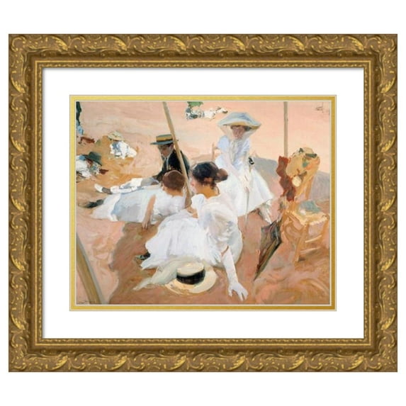Joaquín Sorolla 24x20 Gold Ornate Framed and Double Matted Museum Art Print Titled - Under the Awning, on the Beach at Zarauz (1905)