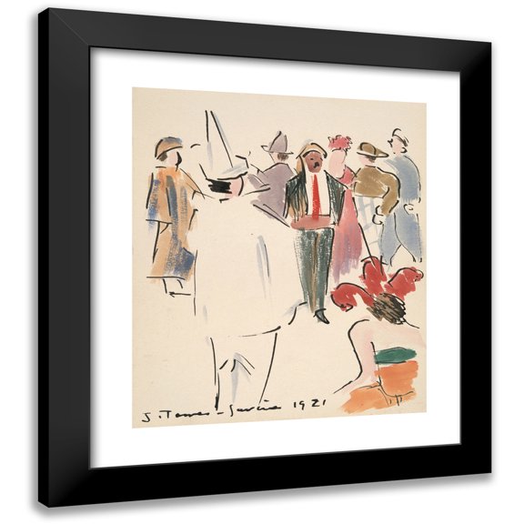 Joaquín Torres-García 12x14 Black Modern Framed Museum Art Print Titled - Artists’ Ball; Pierrot and Figures Standing (1921)