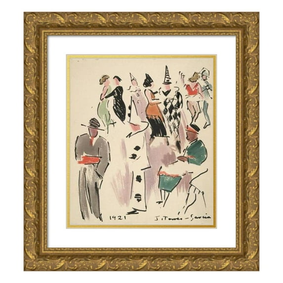 Joaquín Torres-García 20x23 Gold Ornate Framed and Double Matted Museum Art Print Titled - Artists’ Ball; Pierrot, Harlequin, and Dancers (1921)