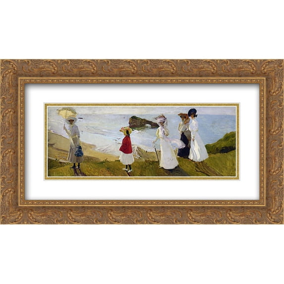 Joaquin Sorolla 2x Matted 24x14 Gold Ornate Framed Art Print 'Lighthouse walk at Biarritz'