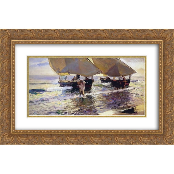Joaquin Sorolla 2x Matted 24x16 Gold Ornate Framed Art Print 'The arrival of the boats'