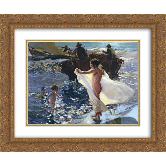 Joaquin Sorolla 2x Matted 24x20 Gold Ornate Framed Art Print 'Bathing Time'