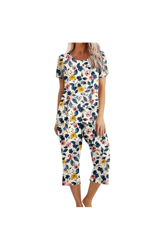 2 Piece Outfits for Women Casual Loose Fit Lounge Sets Short Sleeve Crewneck Top & Capri Pants Tracksuits Set Sleepwear
