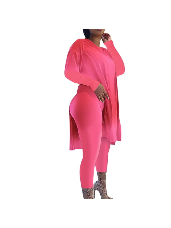 2 Piece Outfits for Women Solid Color Lounge Matching Sets Long Sleeve Side Split Top & Slim Fit Long Pants Workout Tracksuits Set