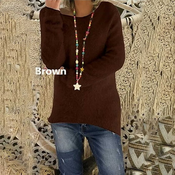 Joau Fall Winter Women's Long Sleeve Loose Fuzzy Plush Warm Jumper Sweater Casual Comfy Knit Pullover Tops S-5XL