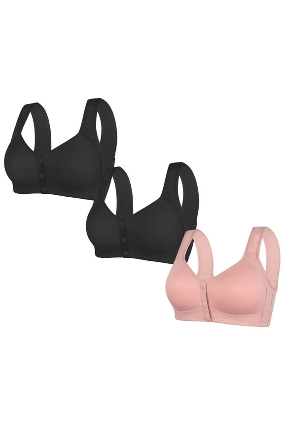 3 Pack Plus Size Front Closure Bra for Women, Post Surgery Wirefree Everyday Bra Comfort Wireless Full Coverage Back Smoothing Bralettes No Underwire, Snap Closing
